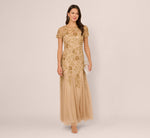 Hand Beaded Short Sleeve Floral Godet Gown In Champagne Gold 1