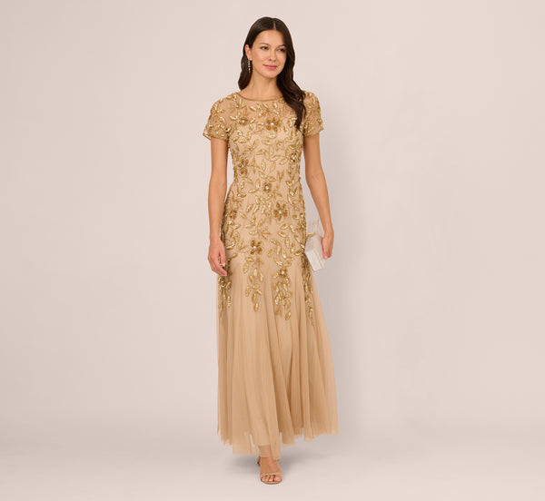 parthenope gold dress Hand Beaded Short Sleeve Floral Godet Gown In Champagne Cyra | Cream Asymmetric-Neck Style Number features: Keyhole Size:32X30