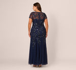 Plus Size Hand Beaded Short Sleeve Floral Godet Gown In Light Navy 5