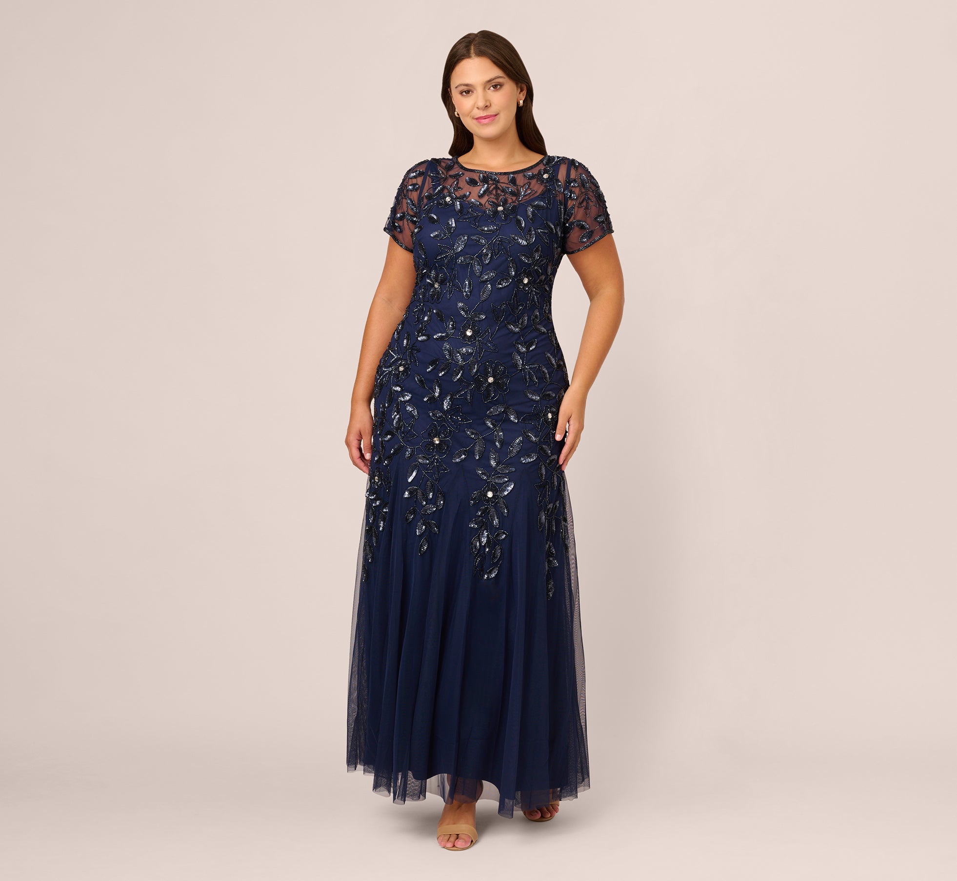 Light Navy Plus Size Hand Beaded Short Sleeve Floral Godet Gown - Adrianna Papell Light Navy Plus Size Hand Beaded Short Sleeve Floral Godet Gown - Adrianna Papell