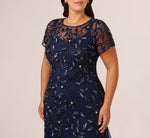Plus Size Hand Beaded Short Sleeve Floral Godet Gown In Light Navy 3