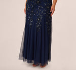 Plus Size Hand Beaded Short Sleeve Floral Godet Gown In Light Navy 4