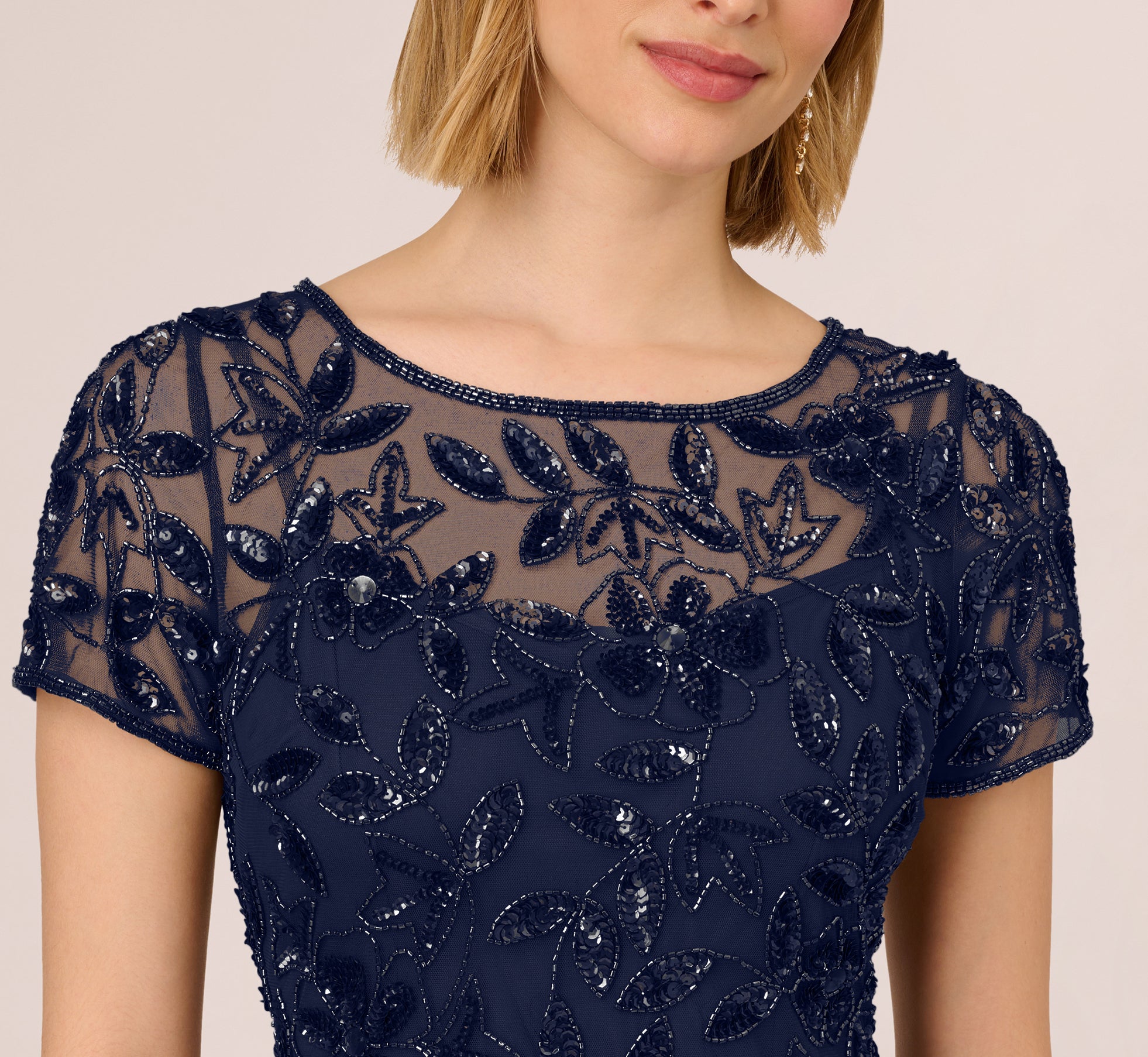 Light Navy Hand Beaded Short Sleeve Floral Godet Gown - Adrianna Papell Light Navy Hand Beaded Short Sleeve Floral Godet Gown - Adrianna Papell