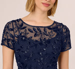 Hand Beaded Short Sleeve Floral Godet Gown In Light Navy 3