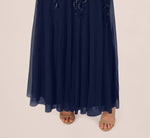 Hand Beaded Short Sleeve Floral Godet Gown In Light Navy 4