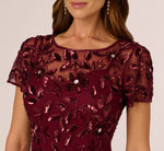 Hand Beaded Short Sleeve Floral Godet Gown In Mahogany 3
