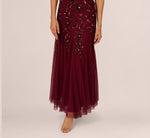 Hand Beaded Short Sleeve Floral Godet Gown In Mahogany 4