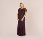Plus Size Hand Beaded Short Sleeve Floral Godet Gown In Night Plum 4