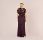 Plus Size Hand Beaded Short Sleeve Floral Godet Gown In Night Plum 3