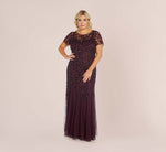 Plus Size Hand Beaded Short Sleeve Floral Godet Gown In Night Plum 1