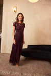 Hand Beaded Short Sleeve Floral Godet Gown In Night Plum 1