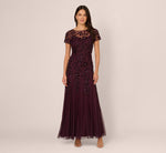 Hand Beaded Short Sleeve Floral Godet Gown In Night Plum 3