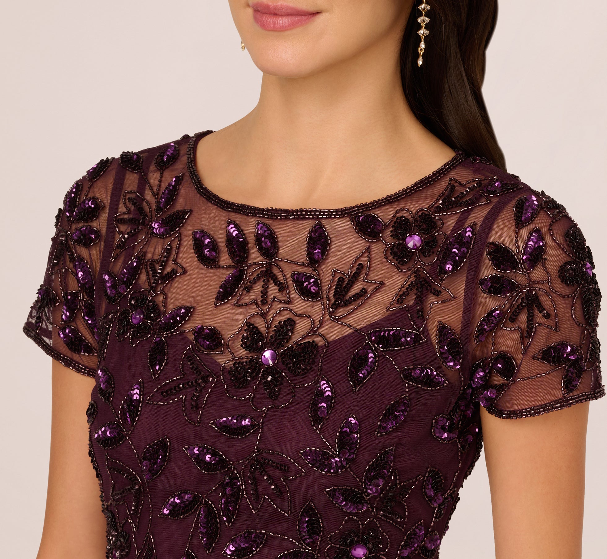Burgandy Hand Beaded Short Sleeve Floral Godet Gown - Adrianna Papell Burgandy Hand Beaded Short Sleeve Floral Godet Gown - Adrianna Papell