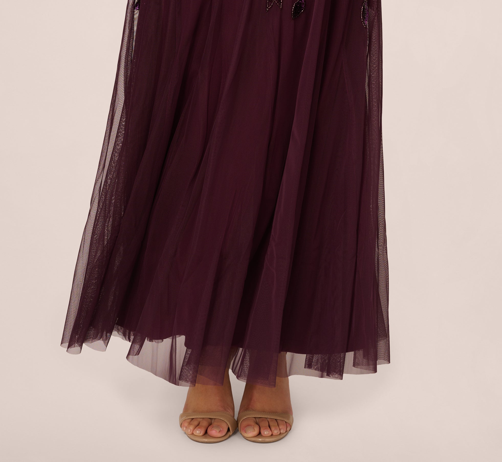 Burgandy Hand Beaded Short Sleeve Floral Godet Gown