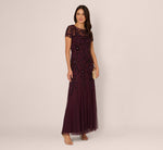 Hand Beaded Short Sleeve Floral Godet Gown In Night Plum 2