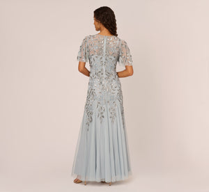 Long Floral Beaded Gown With Flutter Sleeves In Blue Heather