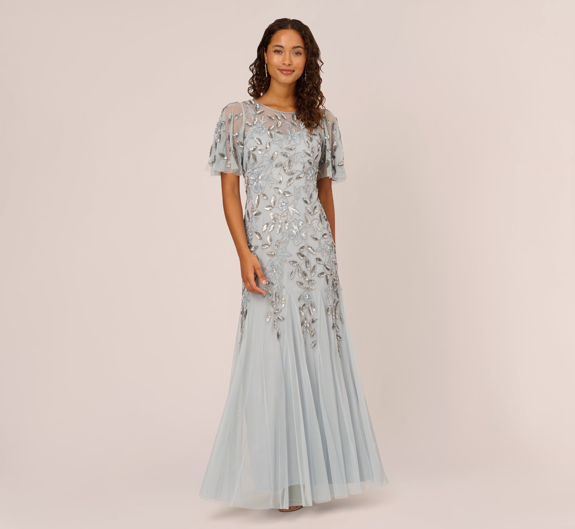 Long Floral Beaded Gown With Flutter Sleeves In Blue Heather