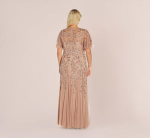 Plus Size Long Floral Beaded Gown With Flutter Sleeves In Rose Gold