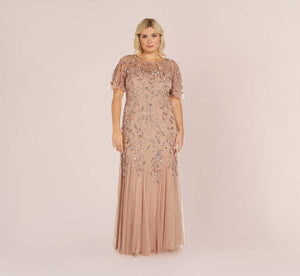 Plus Size Long Floral Beaded Gown With Flutter Sleeves In Rose Gold
