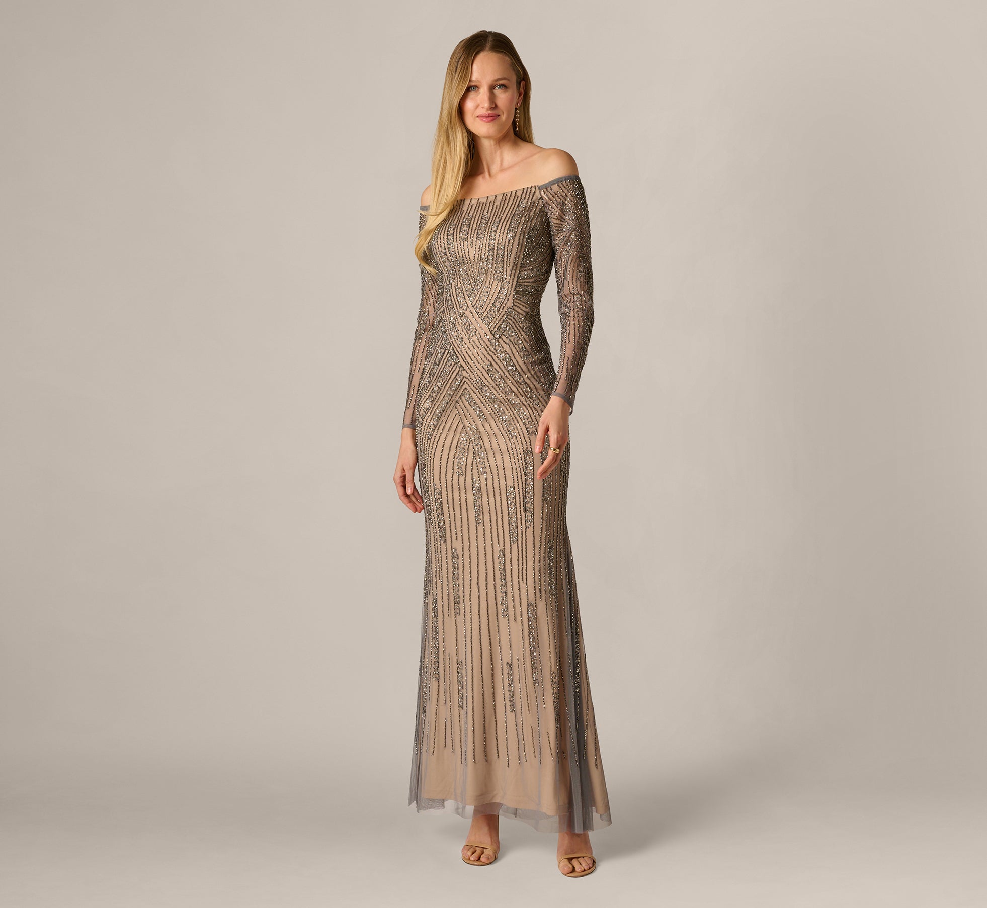 Adrianna Papell Women's Beaded Off Shoulder Gown