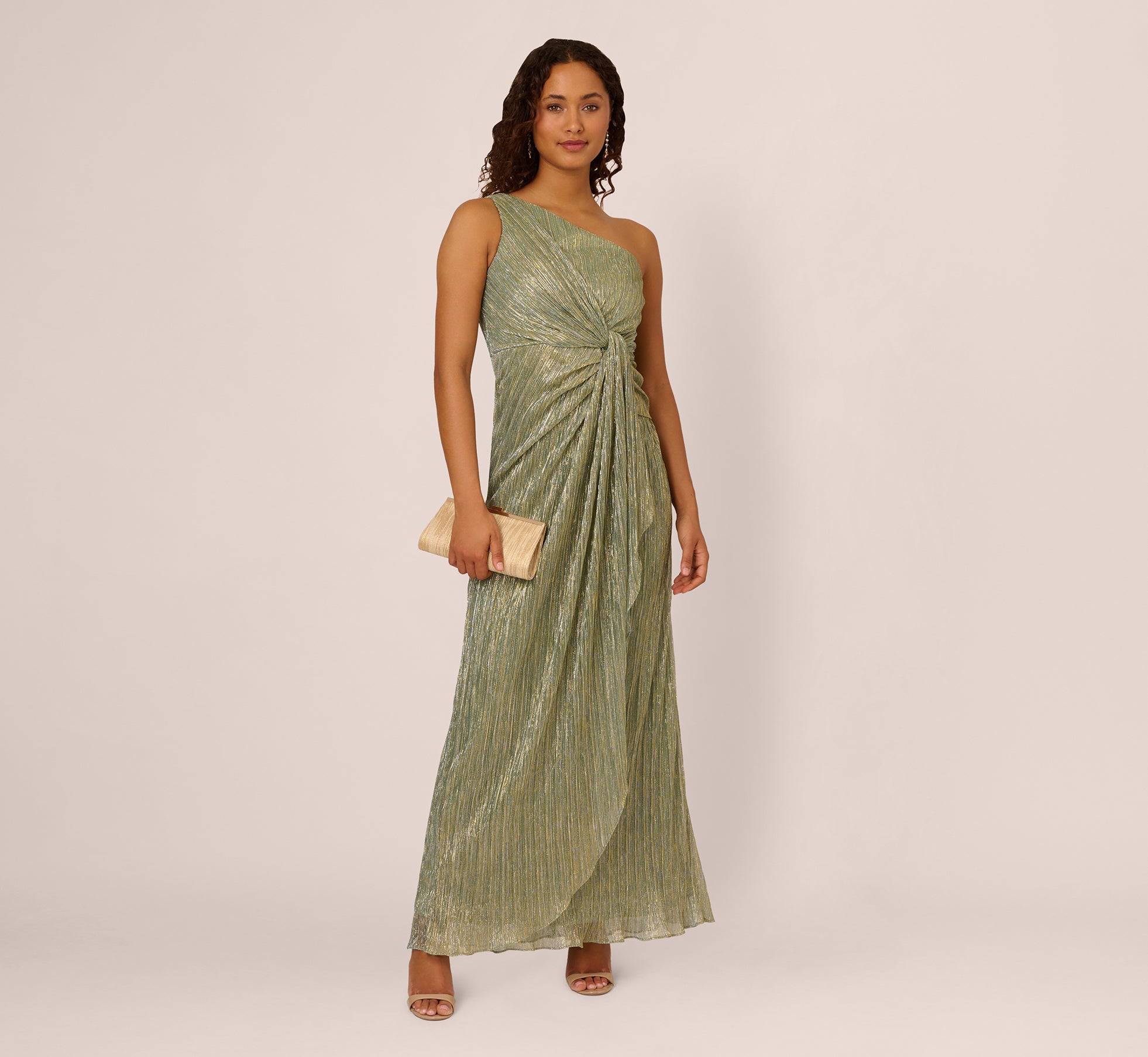 Stardust Pleated Draped One Shoulder Gown In Green Slate – Adrianna Papell Stardust Pleated Draped One Shoulder Gown In Green Slate – Adrianna Papell