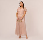 Plus Size Metallic Mesh Draped Gown In Rose Gold 1