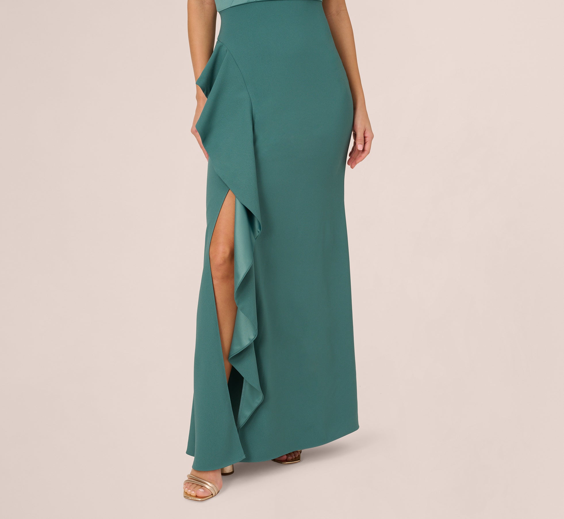 Green One-Shoulder Long Satin Crepe Mermaid Gown - Adrianna Papell Green One-Shoulder Long Satin Crepe Mermaid Gown - Adrianna Papell