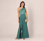 One-Shoulder Long Satin Crepe Mermaid Gown In Green Slate 1