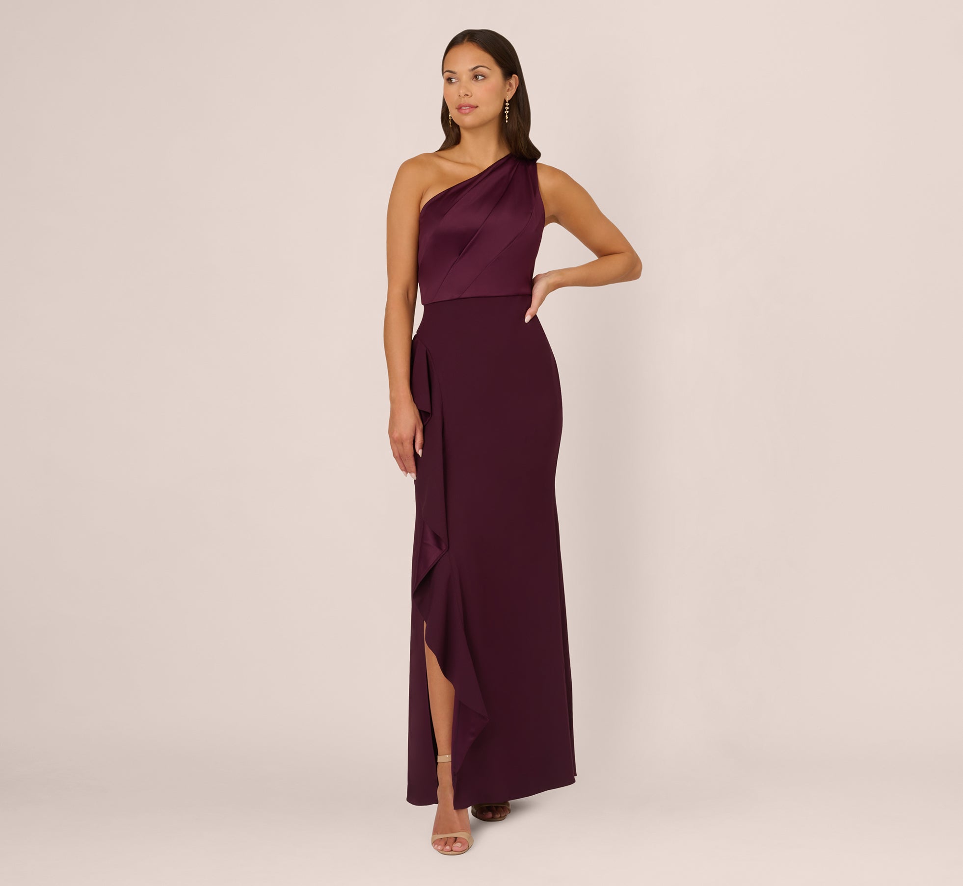 Purple One-Shoulder Long Satin Crepe Mermaid Gown