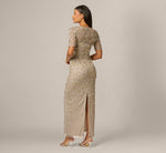 Long Hand Beaded 3D Floral Dress With Elbow Sleeves In Platinum 5