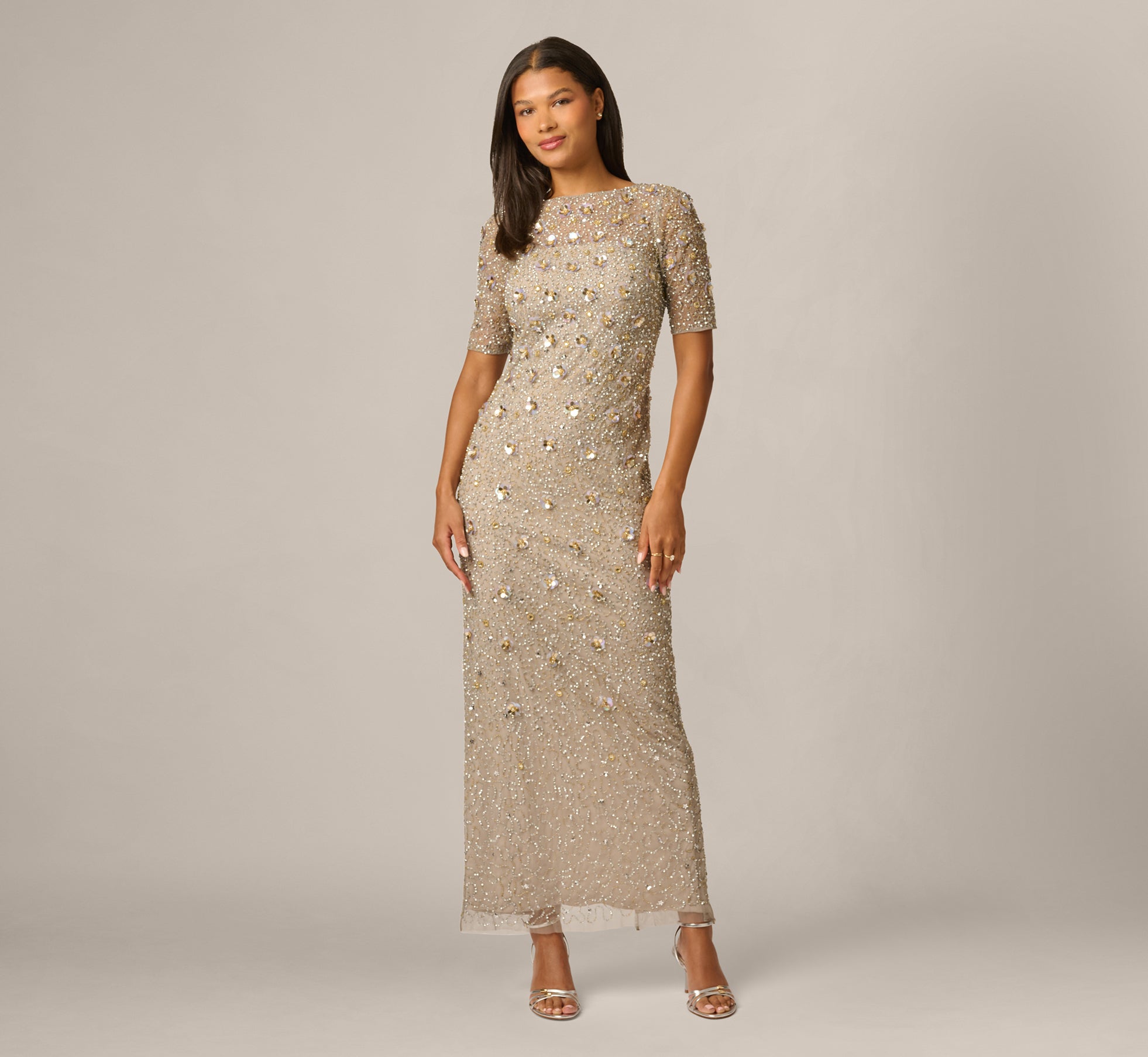 Long Hand Beaded 3D Floral Dress With Elbow Sleeves In Platinum, Platinum / Regular / 4