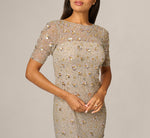 Long Hand Beaded 3D Floral Dress With Elbow Sleeves In Platinum 3