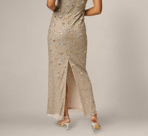 Metal Long Hand Beaded 3D Floral Dress With Elbow Sleeves
