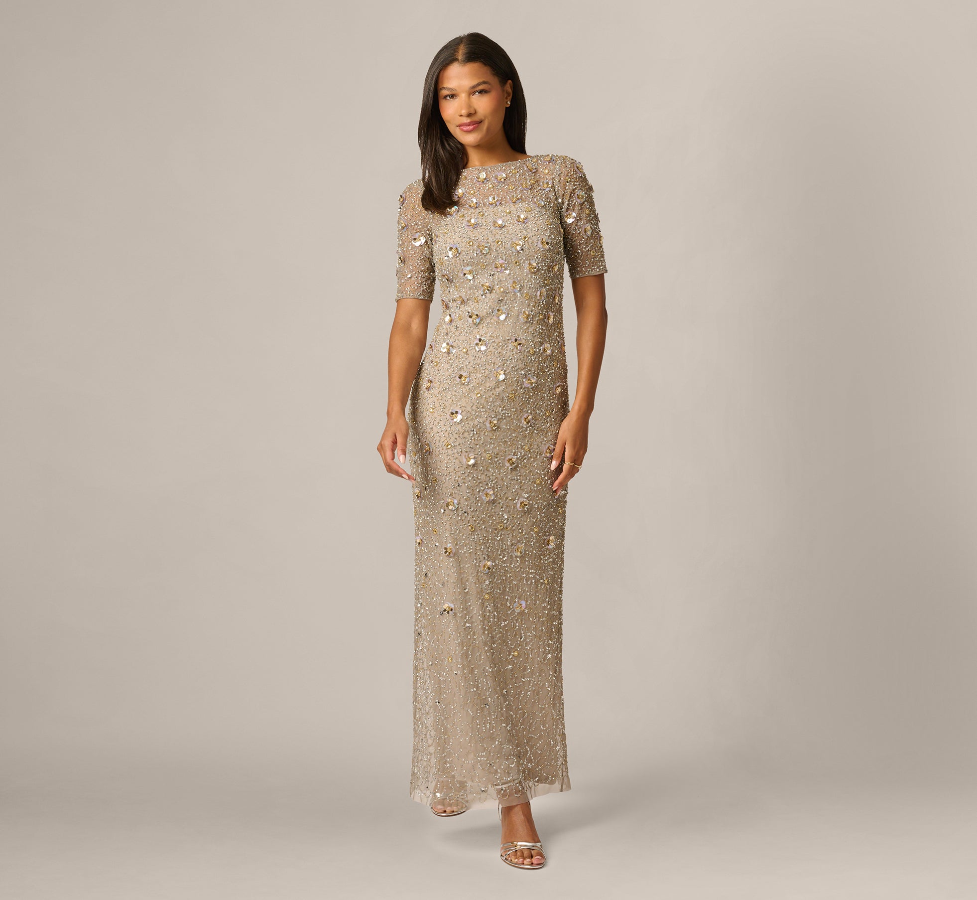 Long Hand Beaded 3D Floral Dress With Elbow Sleeves In Platinum 1