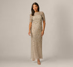Long Hand Beaded 3D Floral Dress With Elbow Sleeves In Platinum 1
