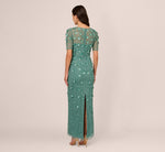 Long Hand Beaded 3D Floral Dress With Elbow Sleeves In Green Slate 5