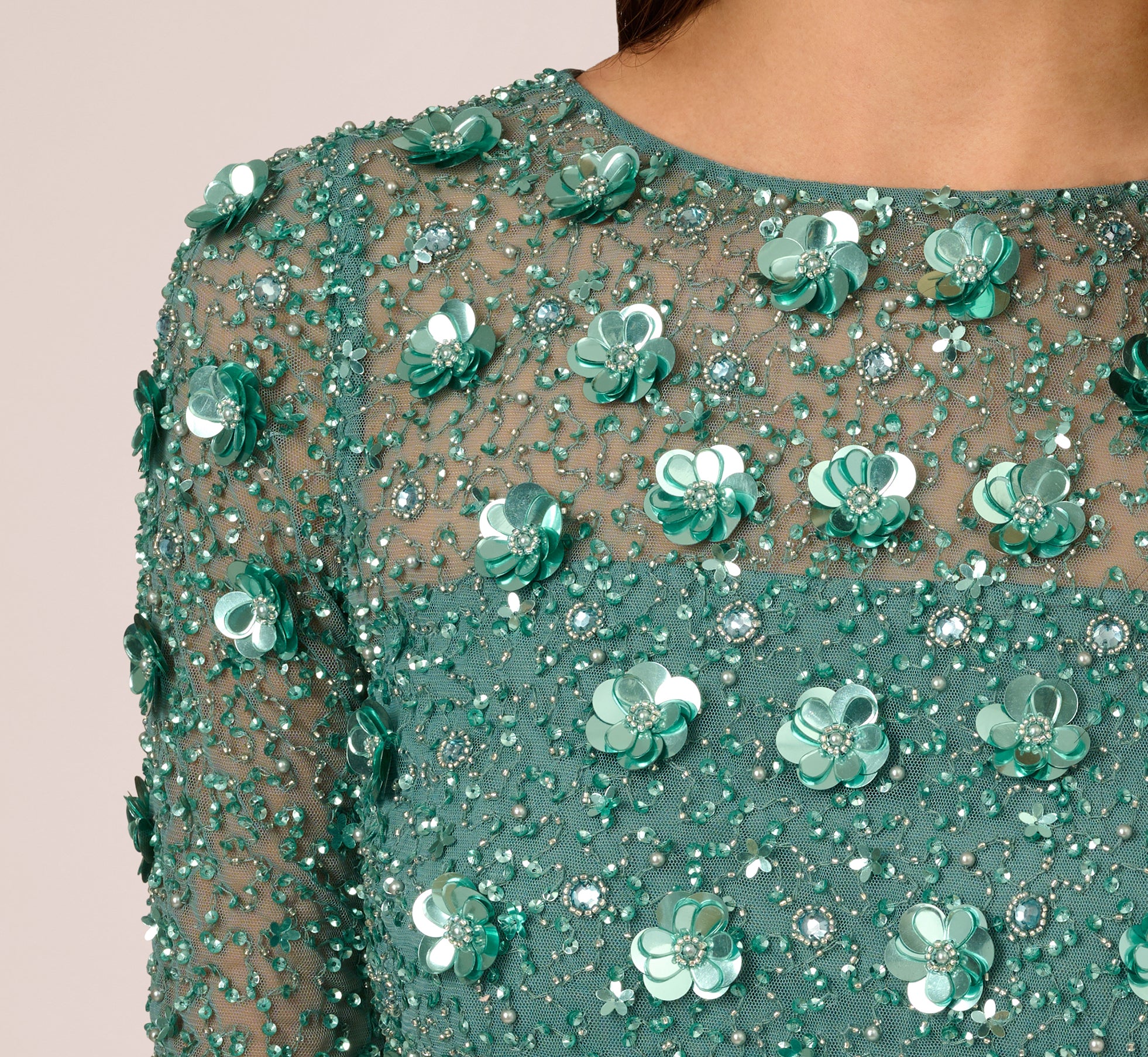 Green Long Hand Beaded 3D Floral Dress With Elbow Sleeves - Adrianna Papell
