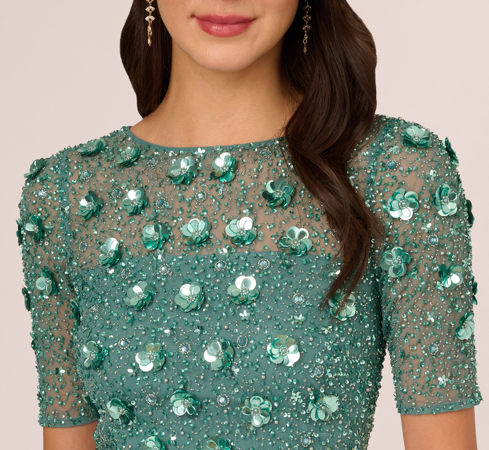 Green Long Hand Beaded 3D Floral Dress With Elbow Sleeves - Adrianna Papell Green Long Hand Beaded 3D Floral Dress With Elbow Sleeves - Adrianna Papell