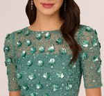 Long Hand Beaded 3D Floral Dress With Elbow Sleeves In Green Slate 4