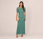 Long Hand Beaded 3D Floral Dress With Elbow Sleeves In Green Slate 1