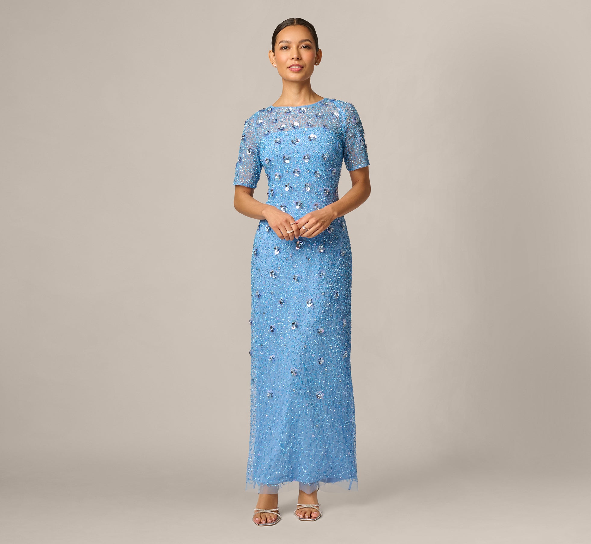 Petite Long Hand Beaded 3D Floral Dress With Elbow Sleeves In Bluebell, Bluebell / Petite / 6
