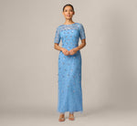 Petite Long Hand Beaded 3D Floral Dress With Elbow Sleeves In Bluebell 2