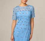 Petite Long Hand Beaded 3D Floral Dress With Elbow Sleeves In Bluebell 3