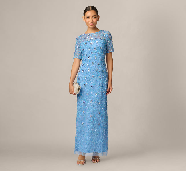 baby blue dress with sleeves Petite Long Hand Beaded 3D Floral Elbow In Bluebell, Bluebell / Petite / 6 35 in (86 Size:EU 45 EN34 Steel Blue Bridesmaid Dresses