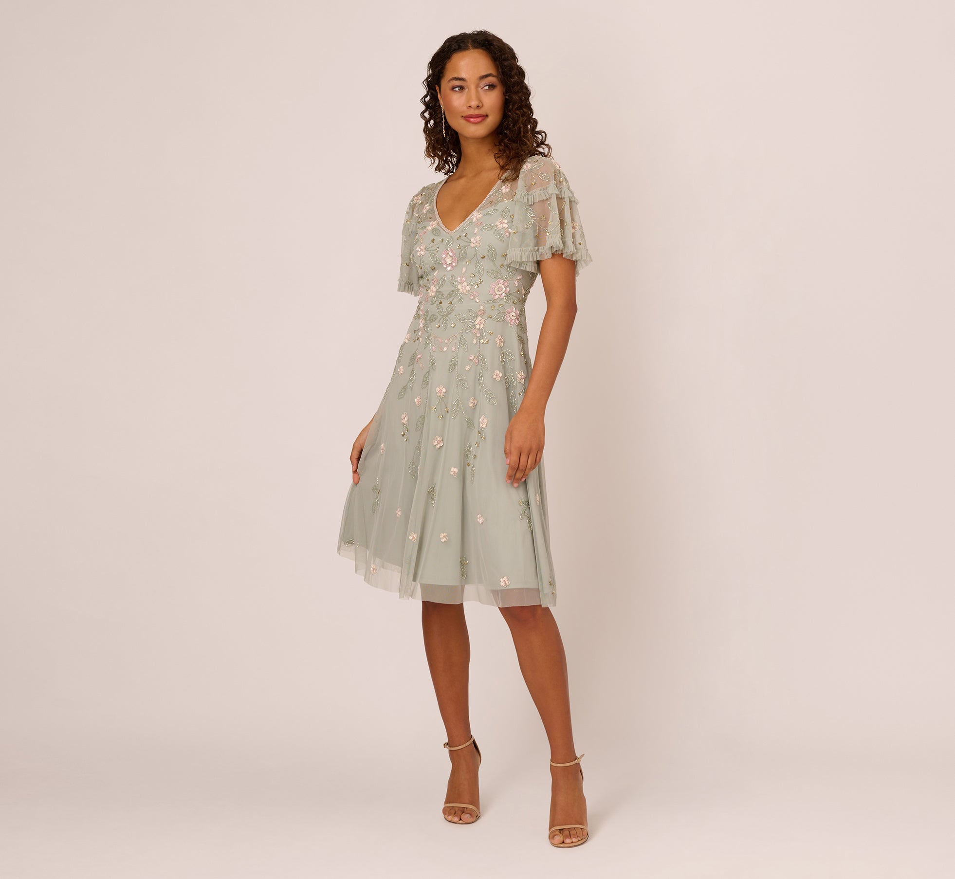 Beaded Midi Dress With Sheer Ruffled Sleeves In Frosted Sage Beaded Midi Dress With Sheer Ruffled Sleeves In Frosted Sage