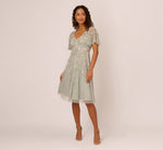 Beaded Midi Dress With Sheer Ruffled Sleeves In Frosted Sage 2