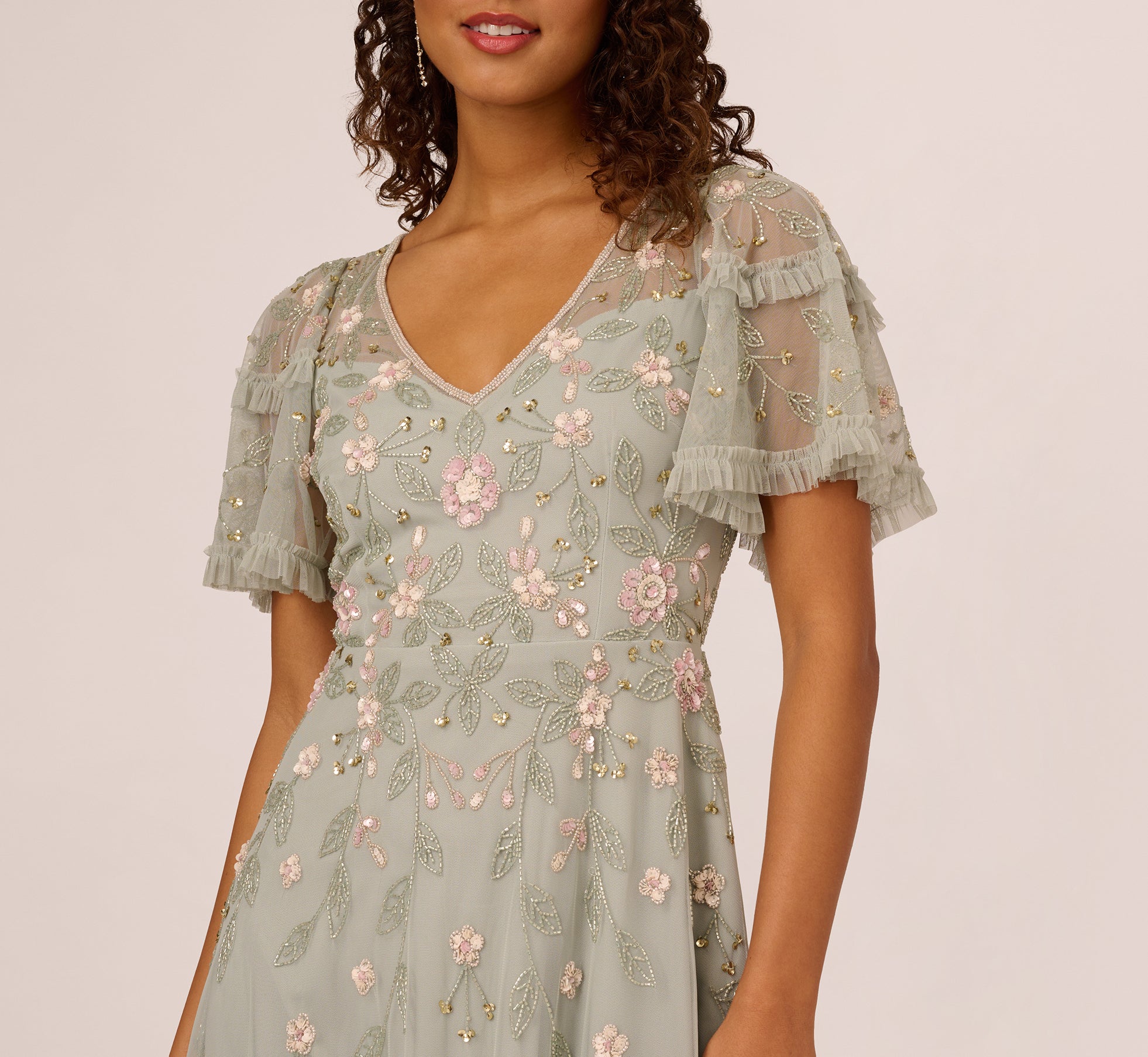 Green Beaded Midi Dress With Sheer Ruffled Sleeves - Adrianna Papell Green Beaded Midi Dress With Sheer Ruffled Sleeves - Adrianna Papell