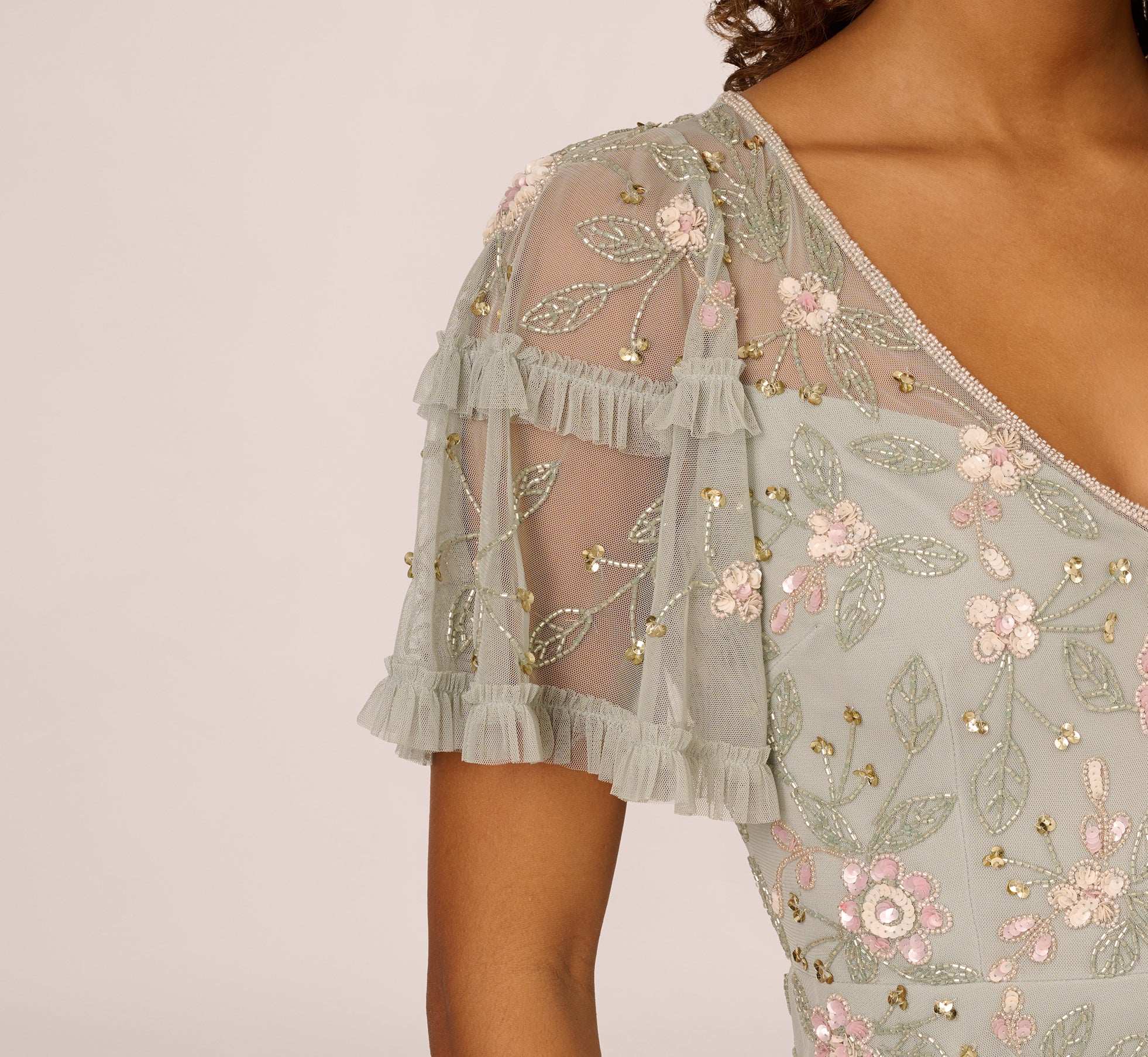 Green Beaded Midi Dress With Sheer Ruffled Sleeves - Adrianna Papell Green Beaded Midi Dress With Sheer Ruffled Sleeves - Adrianna Papell