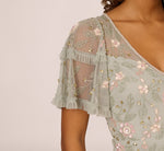 Beaded Midi Dress With Sheer Ruffled Sleeves In Frosted Sage 4