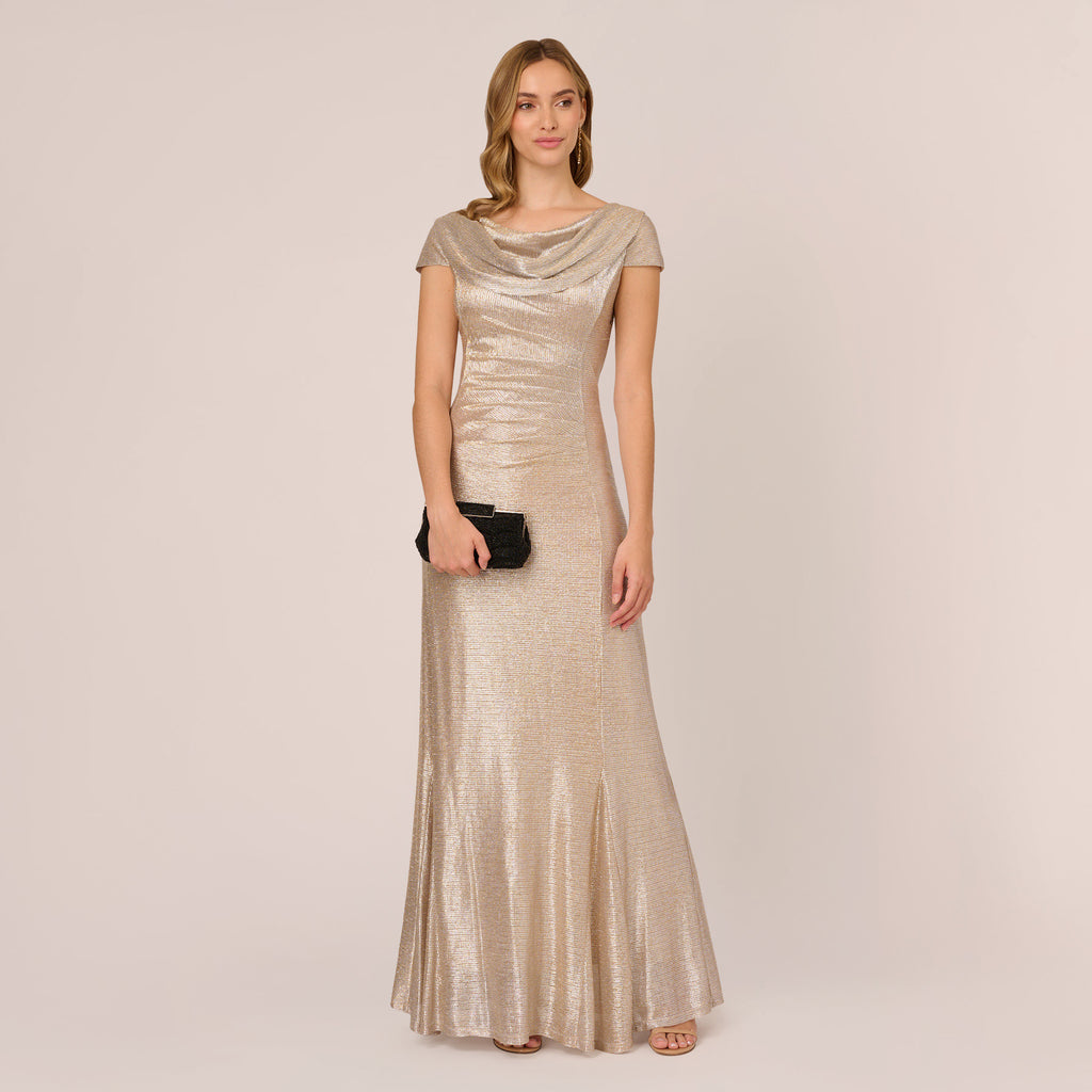Metallic Foil Knit Draped Long Gown In Alabaster